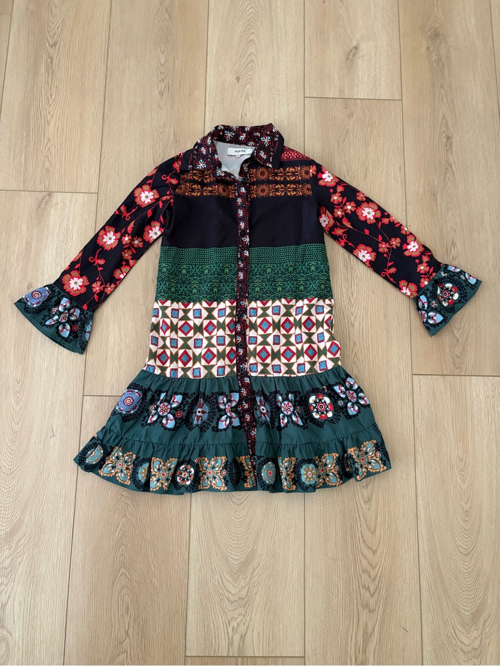 Vintage Porter Boho Patchwork Floral Maxi Dress Size 8 Y2K Folk Art Bell Sleeve